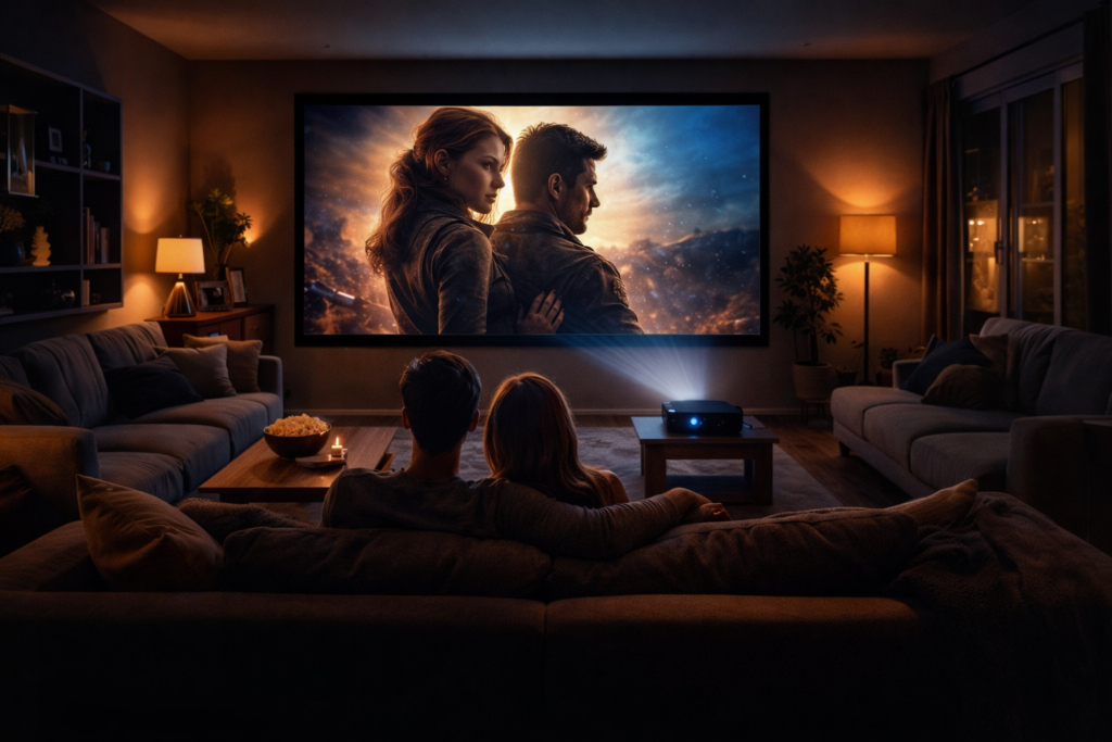 Modern home theater living room with mini projector and cozy lighting